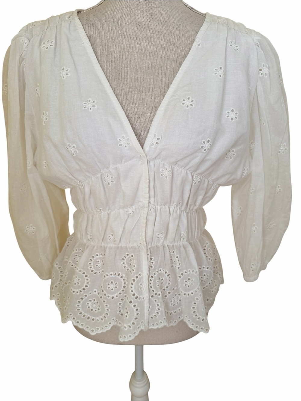Paper Crane White Cotton Eyelet 3/4 Sleeve Peplum Blouse  S